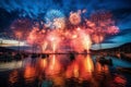 Dazzling Night Sky Fireworks. Burst of Colors and Fiery Flashes in Festive Celebratory Display