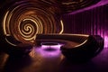 Unique Award-Winning Design: Futuristic Bronze and Dark Maroon Interior with Symmetric Neon Lights and Shiny Walls in 8K HD