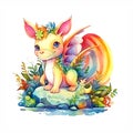 fabulous rainbow dragon for baby shower, watercolor illustration,