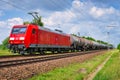 DB Cargo class 145 Bombardier TRAXX locomotive on the rails in Wassmannsdorf, Germany