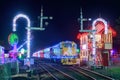A train decorated with Christmas lights at Glenbrook Vintage Railway, New Zealand Royalty Free Stock Photo