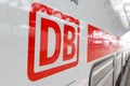 DB logo Deutsche Bahn German railways IC2 Intercity 2 train at Leipzig main station railway in Germany