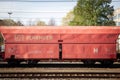 DB Schenker logo on a freight cargo wagon in a train in Sittard.