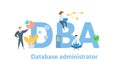 DBA, Database Administrator. Concept with people, letters and icons. Flat vector illustration. Isolated on white