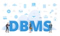 Dbms database management system concept with big words and people surrounded by related icon with blue color style