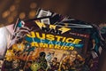 DC comic book with Justice League logo. Comics background