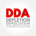 DDA Depletion Depreciation Amortization - accounting technique that a company uses to match the cost of an asset to the revenue