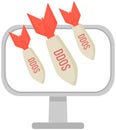 DDoS attack vector icon. Victim computer monitor has distributed denial of service ddos bomb attack