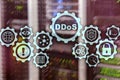 DDoS Cyber Attack. Technology, Internet and Protection Network concept. Server datacenter background.