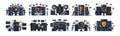 Ddos invade attack data protection cartoon vector set. Shield server racks hardware suit man back view character