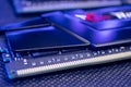 DDR4 DRAM computer memory hardware in blue light