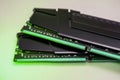 DDR4 DRAM memory modules close-up in green light