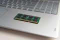 DDR3 sodimm RAM memory card module in black laptop closeup