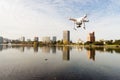 A dDrone Quadcopter Hoovers over Lake Merritt Oakland California Royalty Free Stock Photo