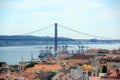 25 de Abril Bridge and Alfama, Lisbon, Portugal Royalty Free Stock Photo