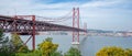 25 de Abril bridge, or Salazar bridge seen from Almada to Lisbon-Portugal.