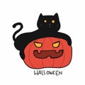 Black cat and pumpkin monster Halloween cartoon  illustration Royalty Free Stock Photo