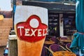 Large wooden replica of a beer mug as advertisement for local beer brand called `Texlers` on island Texel