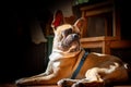 DE LIER, NETHERLANDS - AUGUST 11 2018: Fawn French Bulldog lying Royalty Free Stock Photo
