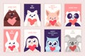 Set of cute cards for Valentine`s Day. Cartoon animals. Vector illustration. Royalty Free Stock Photo
