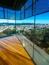 De Yong Museum tower window view. Golden Gate Park, Japanese garden, Wild life of San Francisco. Natural park life, USA.