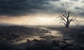 Lonely dead tree under dramatic cloudy sky at drought cracked desert landscape Royalty Free Stock Photo