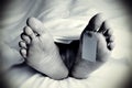 Dead body with a blank toe tag, in monochrome Royalty Free Stock Photo