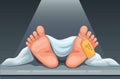 Dead body foot with tag health problem and criminal scene cartoon illustration vector Royalty Free Stock Photo