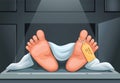 Dead body foot with tag in morgue criminal scene cartoon illustration vector Royalty Free Stock Photo