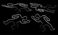 Dead body icon set. Chalk contour of murder victim figure. Killed human symbol isolated on black. Vector crime illustration