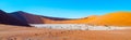 Dead camel thorn trees in Deadvlei dry pan with cracked soil in the middle of Namib Desert red dunes, Sossusvlei Royalty Free Stock Photo