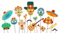 Dead of day photo booth. Skull masks, sombrero and props for Dia de los Muertos party. Mexican halloween holiday Royalty Free Stock Photo