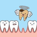 Dead decay tooth missing go to heaven illustration cartoon character vector design on blue background. Dental care concept