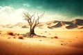 dead desert with lonely dead tree against background of sand dunes