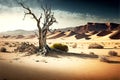 dead desert with lonely dead tree against background of sand dunes