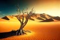 dead desert with lonely dead tree against background of sand dunes