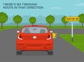 Dead end on the right sign meaning. Back view of a red car turning right. Royalty Free Stock Photo