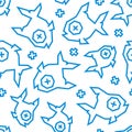 Dead fish low poly seamless pattern. Blue color on white background.