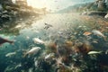 Dead fish, polluted water, garbage waste in the sea, river or oceans. Global catastrophe of water pollution. Generative AI Royalty Free Stock Photo