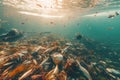 Dead fish, polluted water, garbage waste in the sea, river or oceans. Global catastrophe of water pollution. Generative AI Royalty Free Stock Photo