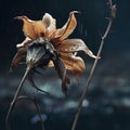 A dead flower in the rain with a dark background, AI