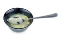 Dead fly in the bowl of soup. White background Royalty Free Stock Photo