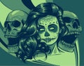 Dead girl with two sugar skulls. vector