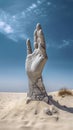 Dead hand made of marble protruding of ground desert