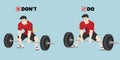 Dead lift. Sumo deadlift. Wright and wrong position exercise.