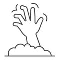 Dead man hand thin line icon, halloween concept, zombie hand breaking out from under ground sign on white background