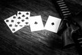 Dead man`s hand. Two-pair poker hand consisting of the black aces and black eights, held by Old West gunfighter Wild Bill Hickok Royalty Free Stock Photo