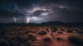 A dramatic lightning storm illuminating the night sky over a remote desert landscape created with Generative AI