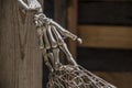 Dead pirates hand - old and dusty fake skeleton hand tangled in fishing net against blurry background