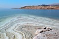 The Dead Sea, a coast created by salt, forms layers of salt at the bottom. Fascinating natural phenomenon in Jordan
